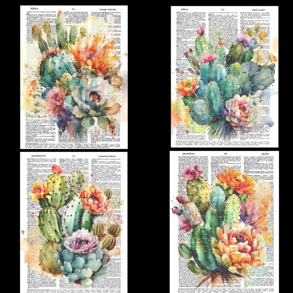Wild Watercolor Cactus Blossom Dictionary Art Print Bundle